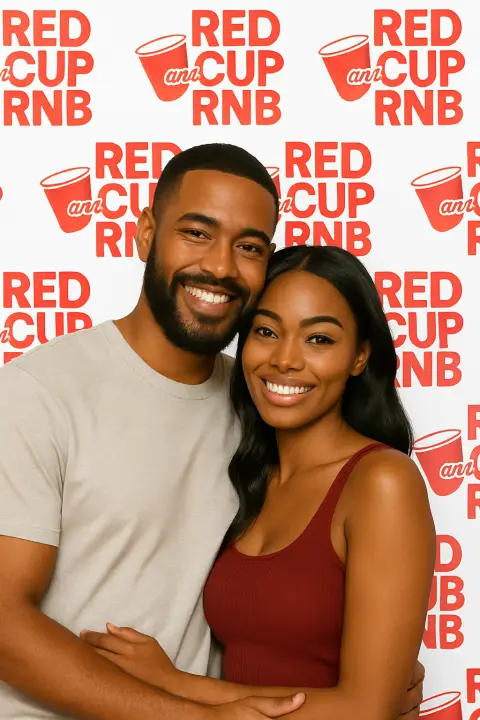 Smiling couple posing together in front of a Red Cup R&B step-and-repeat