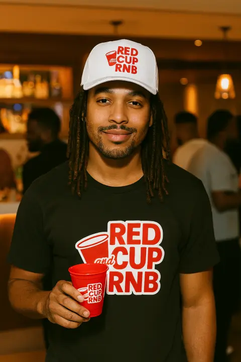 Man in a Red Cup R&B cap and T-shirt holding a red cup